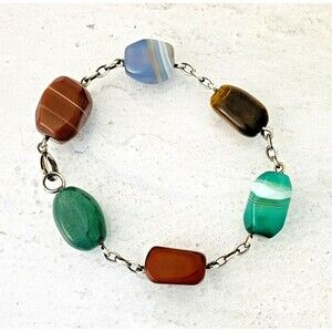 Modernist Sterling Silver Chunky Stone Pebbles Bracelet Jasper Tiger Eye Agate +